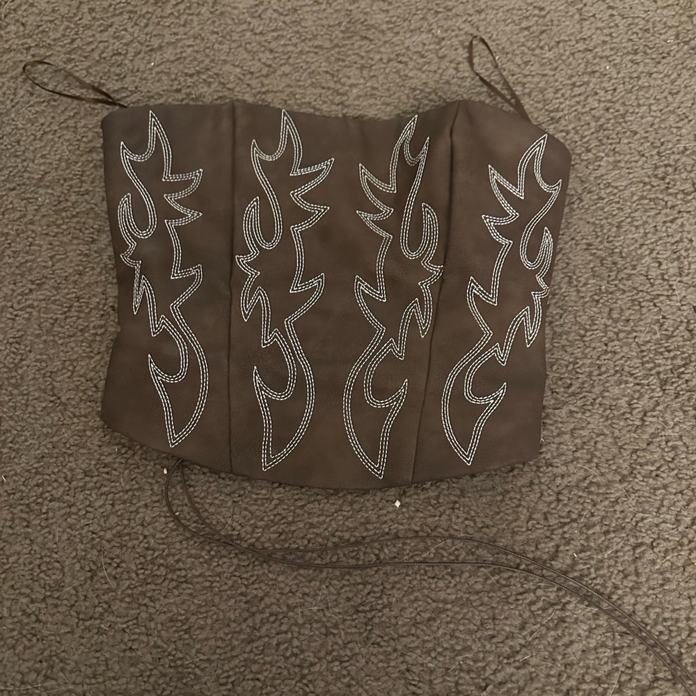 Women’s Brown Western-Style Corset Top with Embroidered Accents